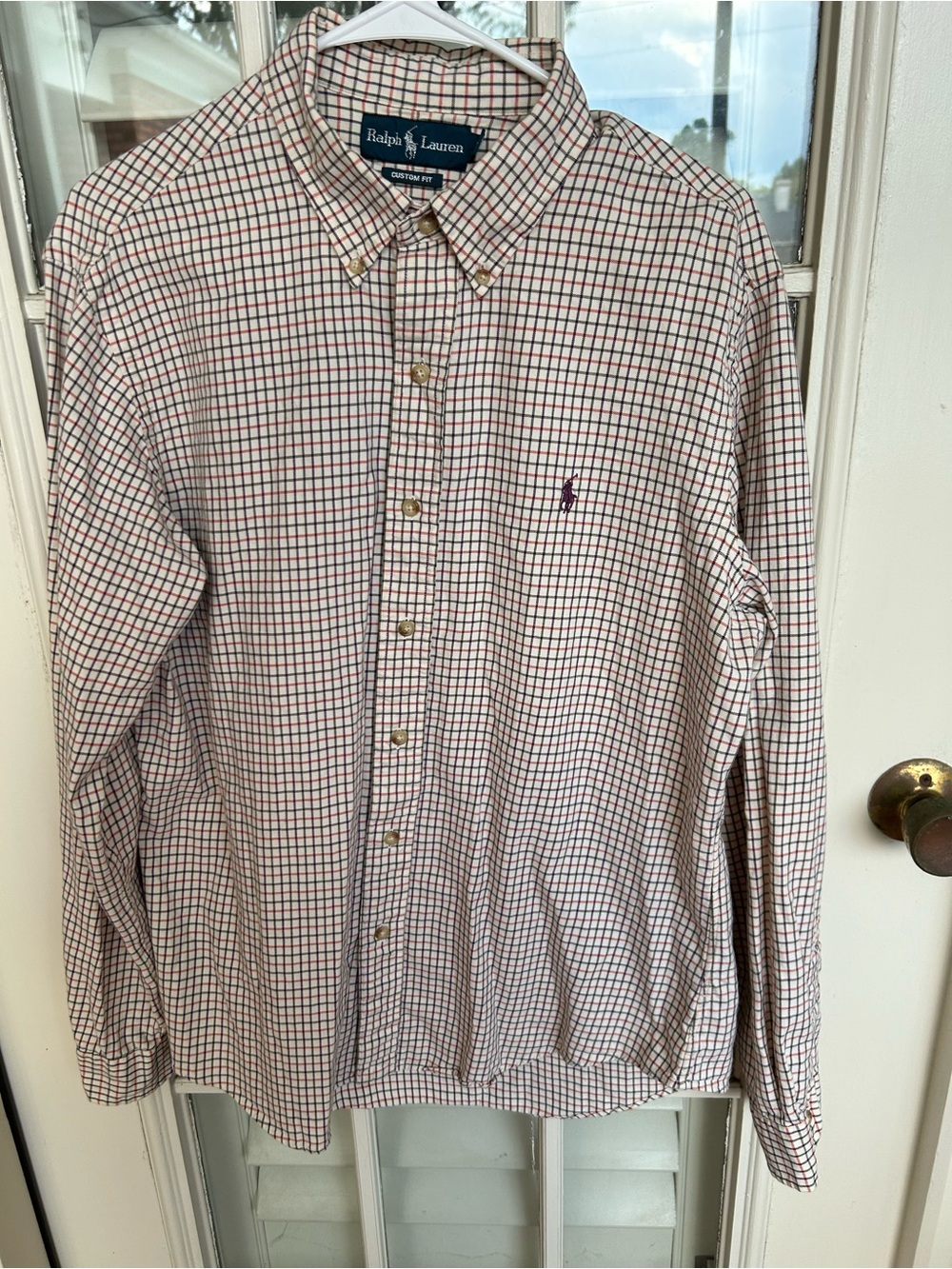 Ralph Lauren Men's White Button-Down Shirt with Red & Blue Windowpane